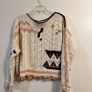 Free People Womens Chunky Cable Knit Sweater Distressed Cropped  Boho Sz Small